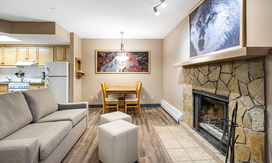 Twobedroom-condo Living room with fireplace